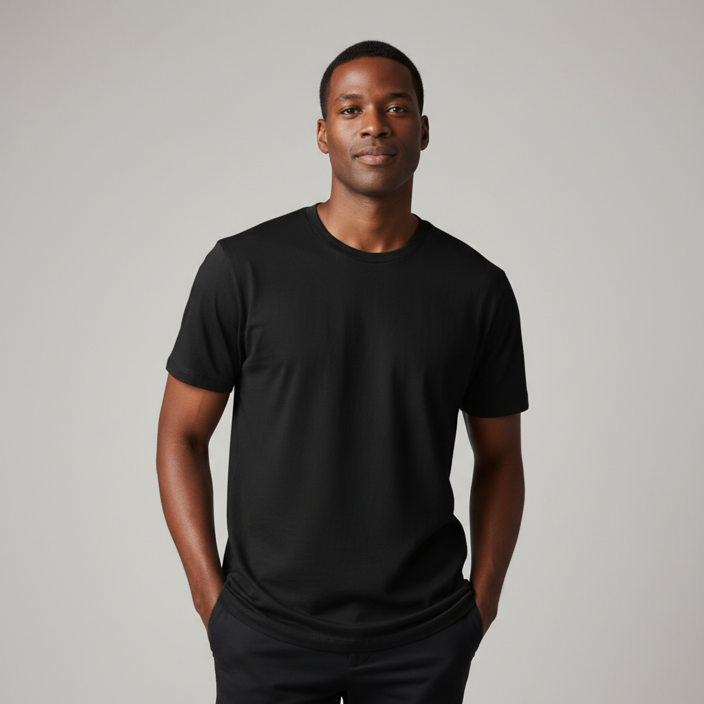 Mixed race adult in blank black t-shirt