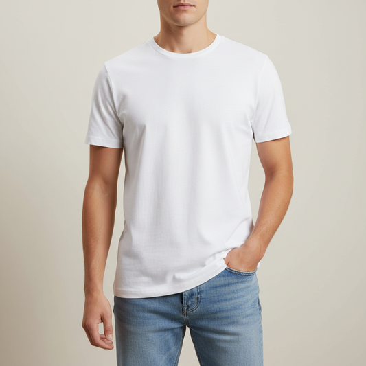 Adult in blank white basic tee