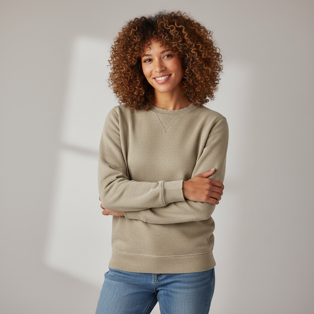 Curly-haired woman in lightweight Comfort Colors crewneck